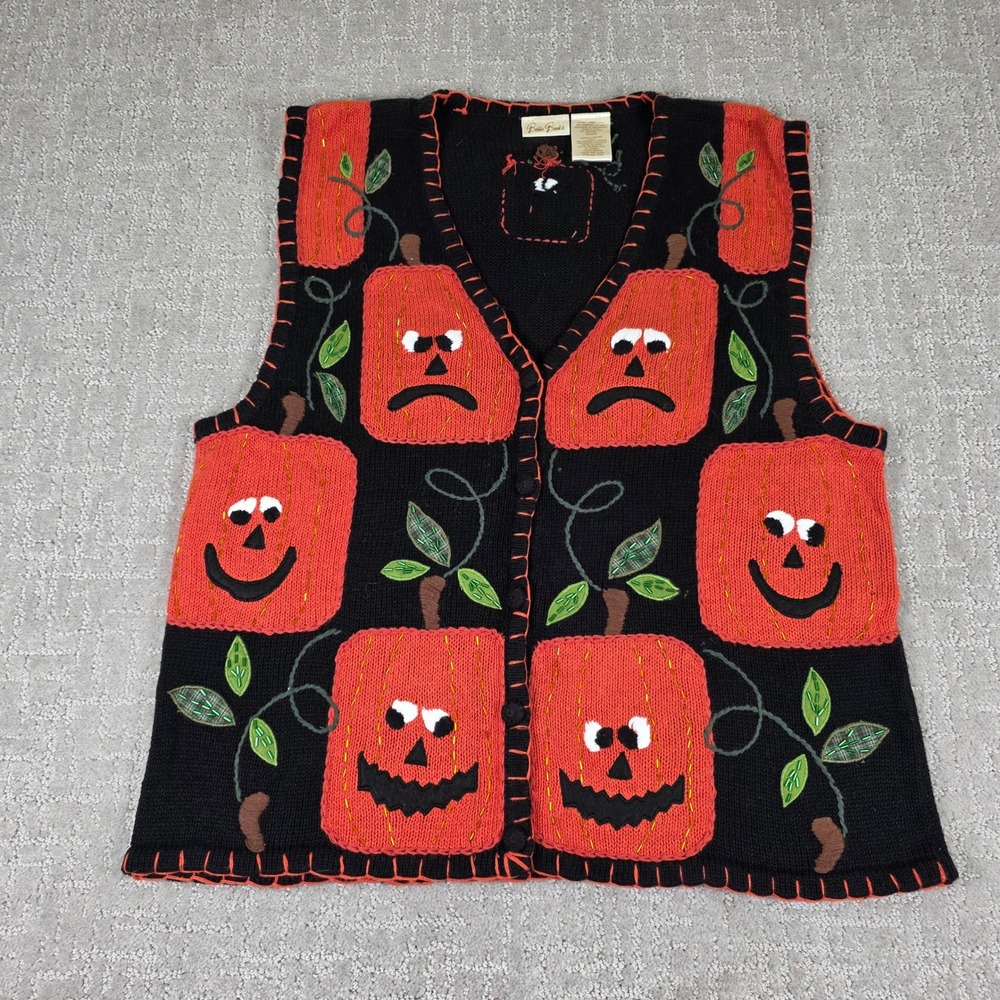 Bobbie Brooks Halloween Pumpkin Sweater Vest Black Beaded Jack-O-Lantern Large